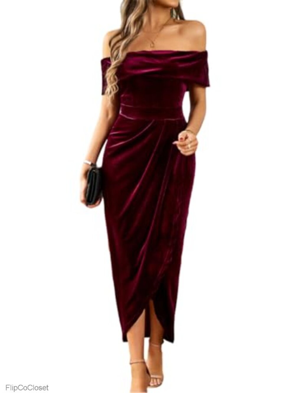 Women's Velvet Wrap Off Shoulder Cocktail Dress Ruched Slit Party